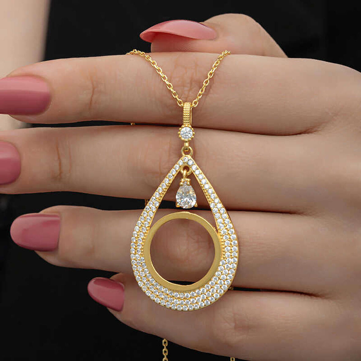Lucky Life 925 Ayar Gumuss Gold Kaplama Damla Çeyrek Takılabilen Kadın Kolye