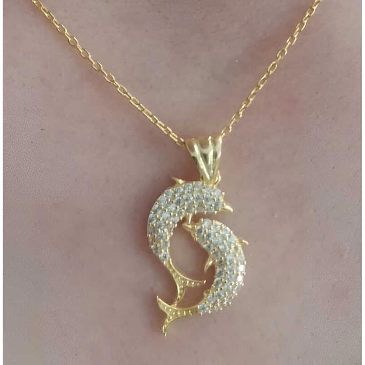 Lucky Life 925 Ayar Gumuss Gold Çift Yunus Balığı Kadın Kolye