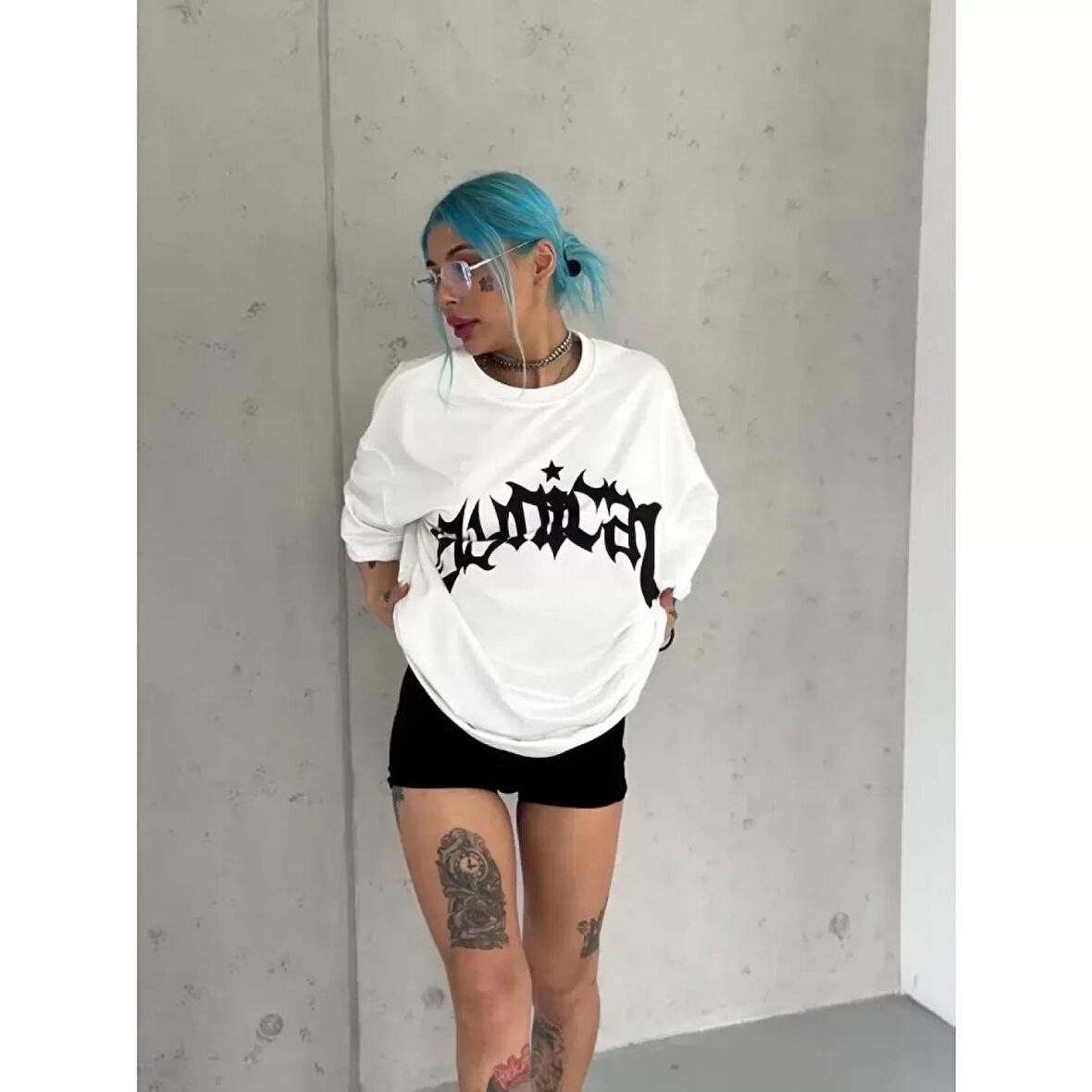  Lucky Life Unisex Bisiklet Yaka Baskılı Oversize T-Shirt - Beyaz