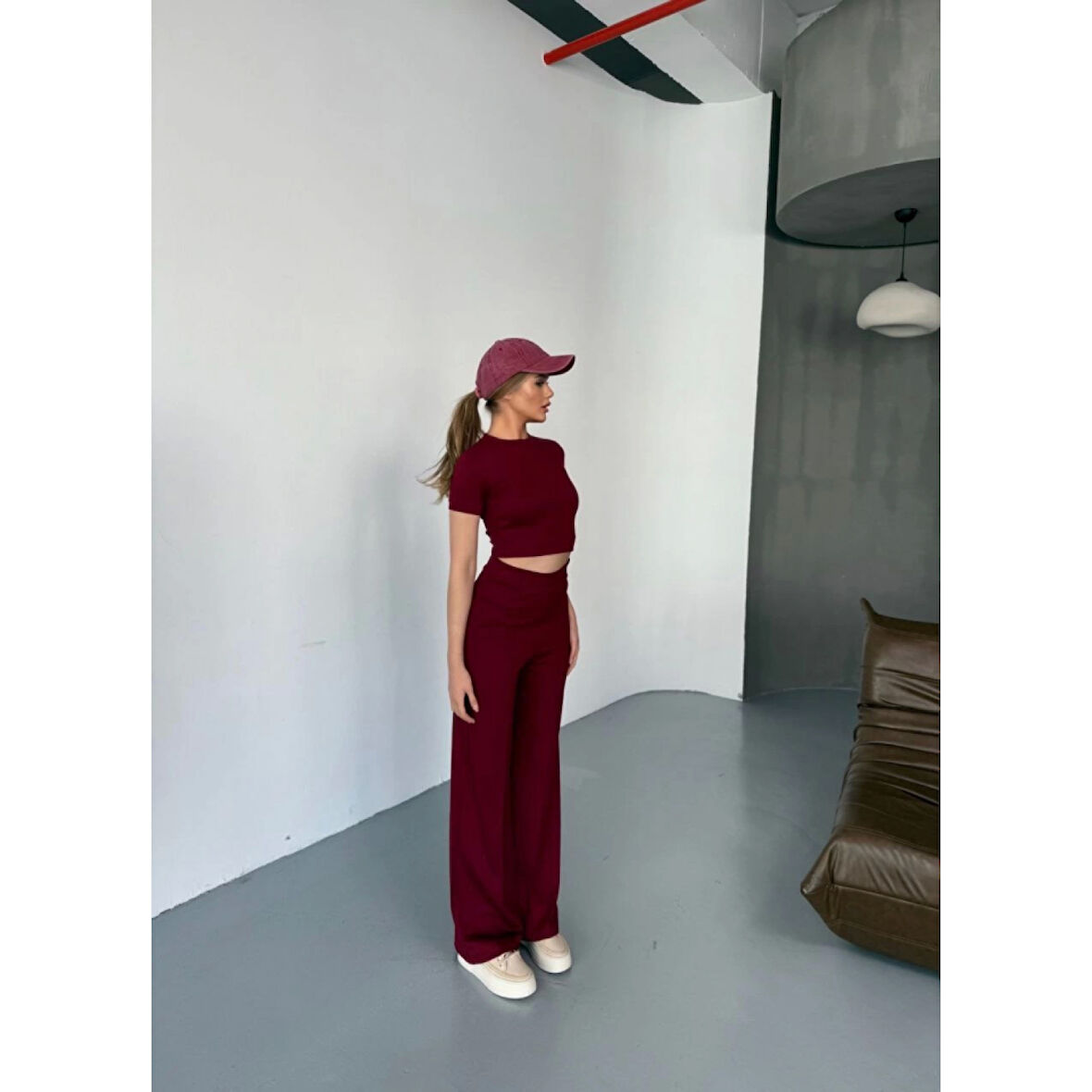 Osy Modal Yumuşak Dokulu Kumaş Kısa Kollu Lucky Life Kadın Crop Rahat Pantalon Ikili Takım - Bordo
