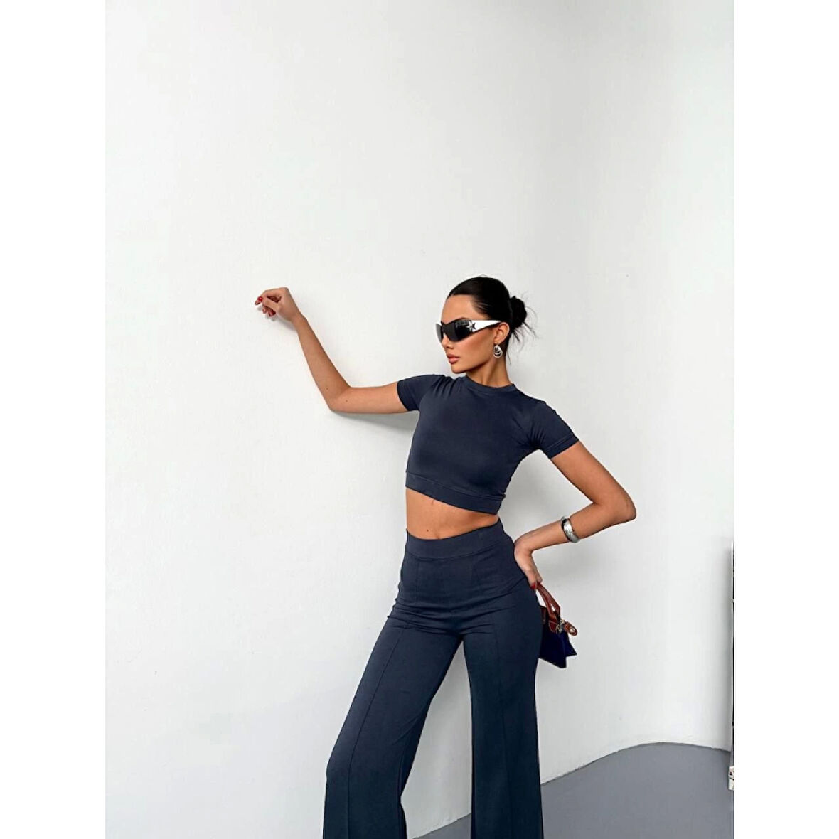 Osy Modal Yumuşak Dokulu Kumaş Kısa Kollu Lucky Life Kadın Crop Alt Ispanyol Paça Pantalon Ikili Takım - Füme
