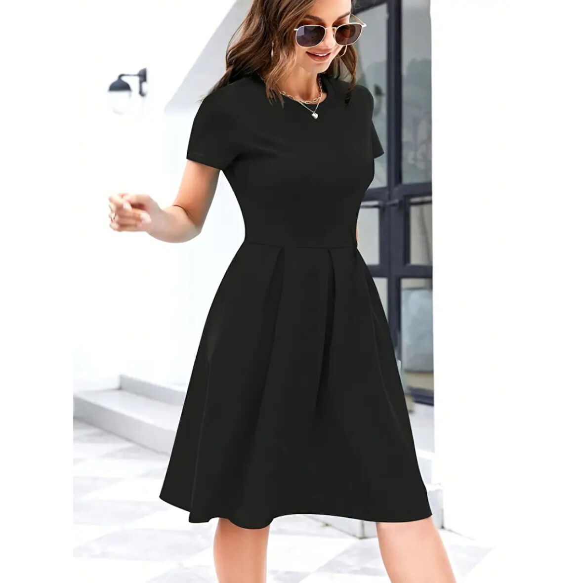 Lucky Life Kadın Kısa Kollu Bisiklet Yaka önden Pile Detaylı Janjan Krep Elbise