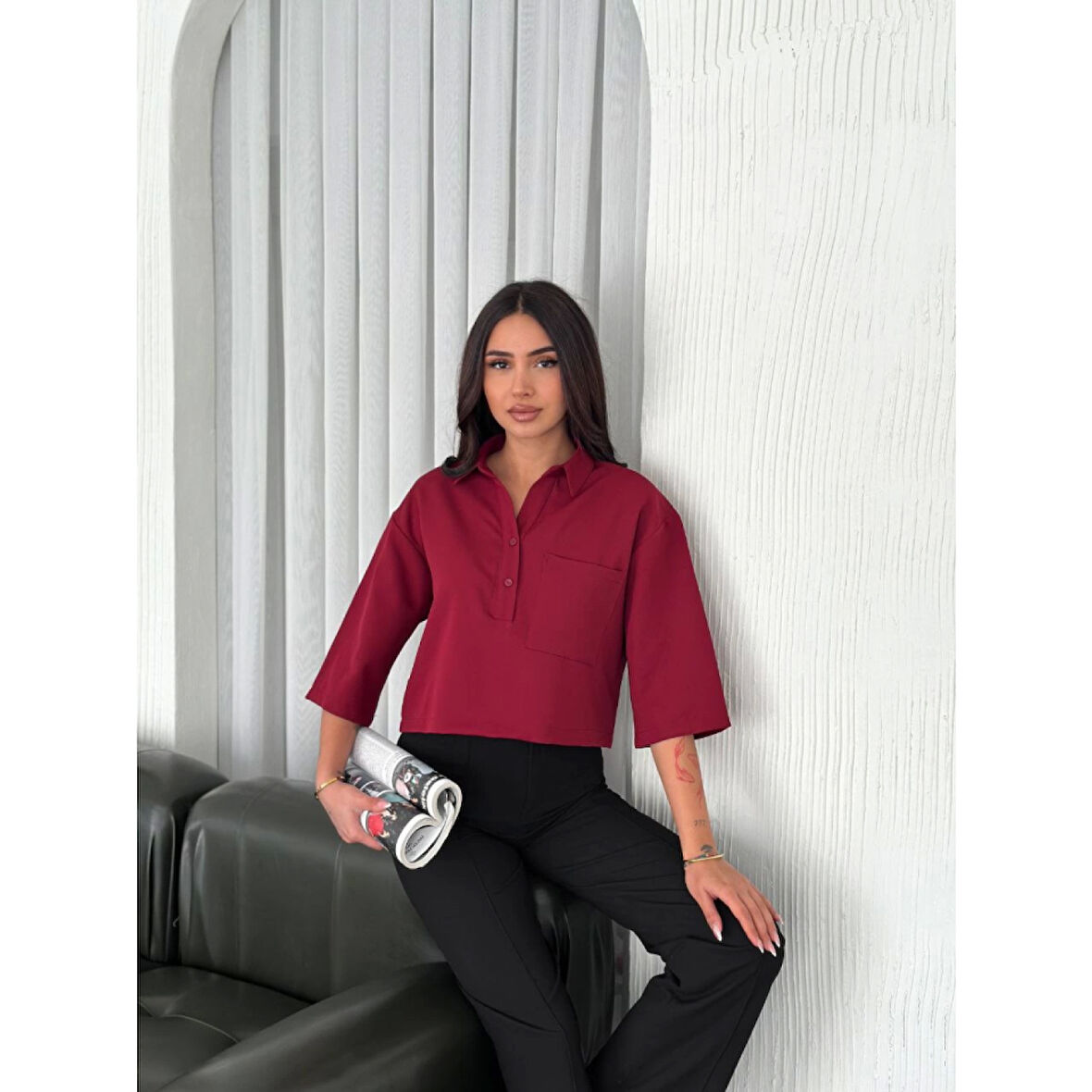 Crop Lucky Life Kadın Yakalı Gömlek Üç Çeyrek Sleeve Kol - Bordo