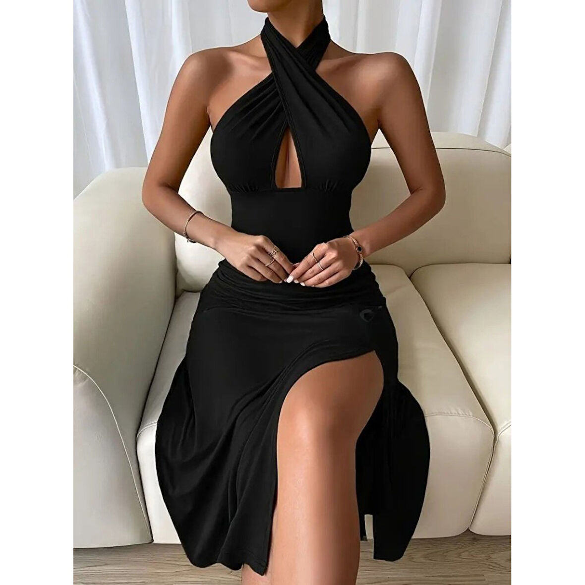 Lucky Life Kadın Sırt Dekolteli Boyun çapraz Yakalı Yırtmaç Detay Midi Sandy Elbise