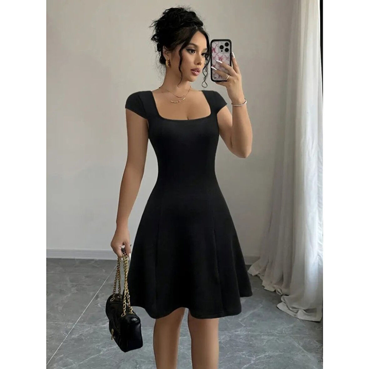 Lucky Life Kadın Kısa Kollu Geometrik Yakalı Janjan Krep Elbise