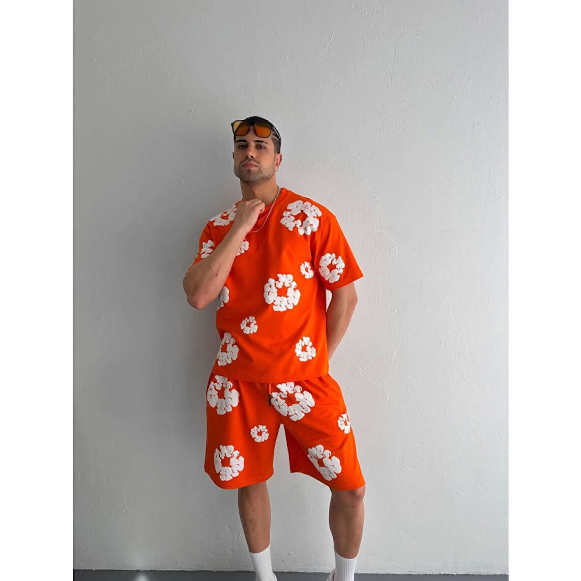 Lucky Life İki İplik Kumaş Baskılı T-shirt Şortlu Takım- Turuncu