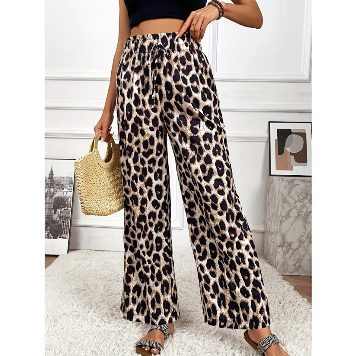 Lucky Life Kadın Yüksek Bel Beli Lastikli Bağcıklı Leopar Desenli Süprem Pantolon