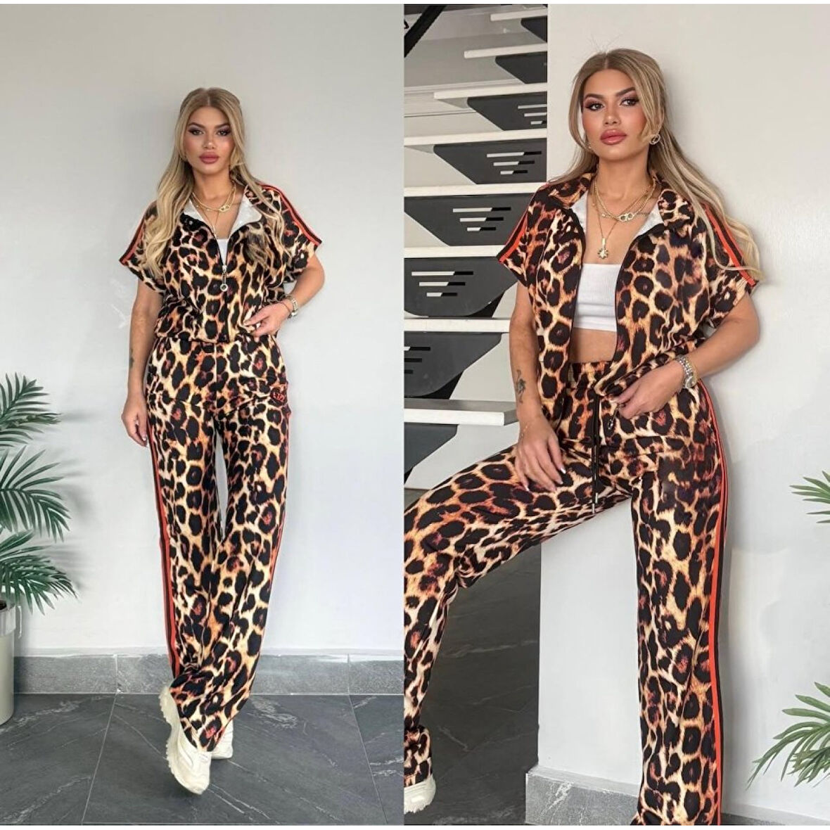Lucky Life Kadın Dalgıç Kumaş Dijital Leopar Baskılı şerit Detaylı Takım