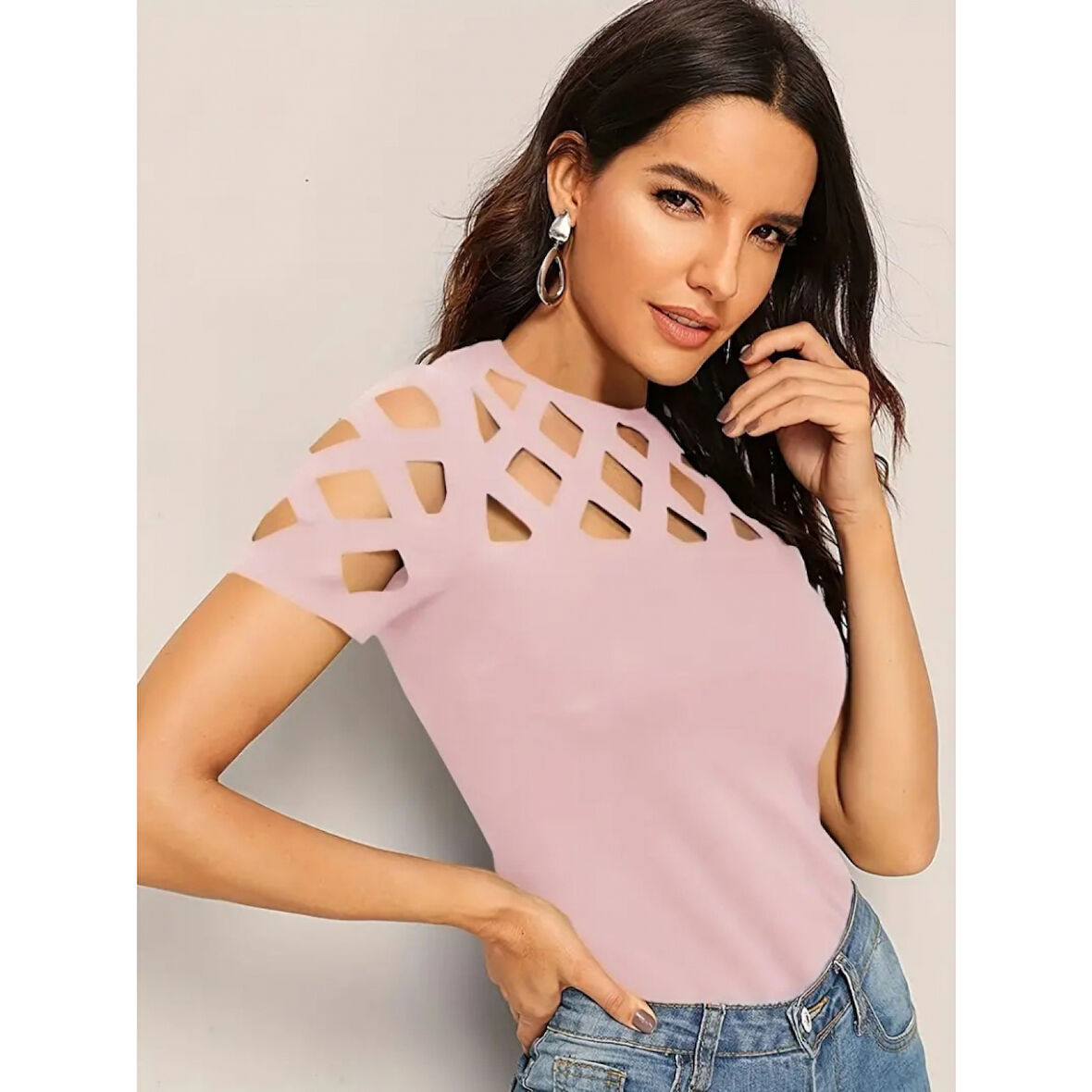 Lucky Life Kısa Kollu Baklava Desen Lazer Kesim Ithal Krep Bluz