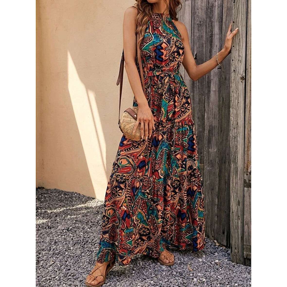Lucky Life Kadın Kolsuz Halter Yaka Beli Lastikliotantik Desenli Mikro Kumaş Elbise