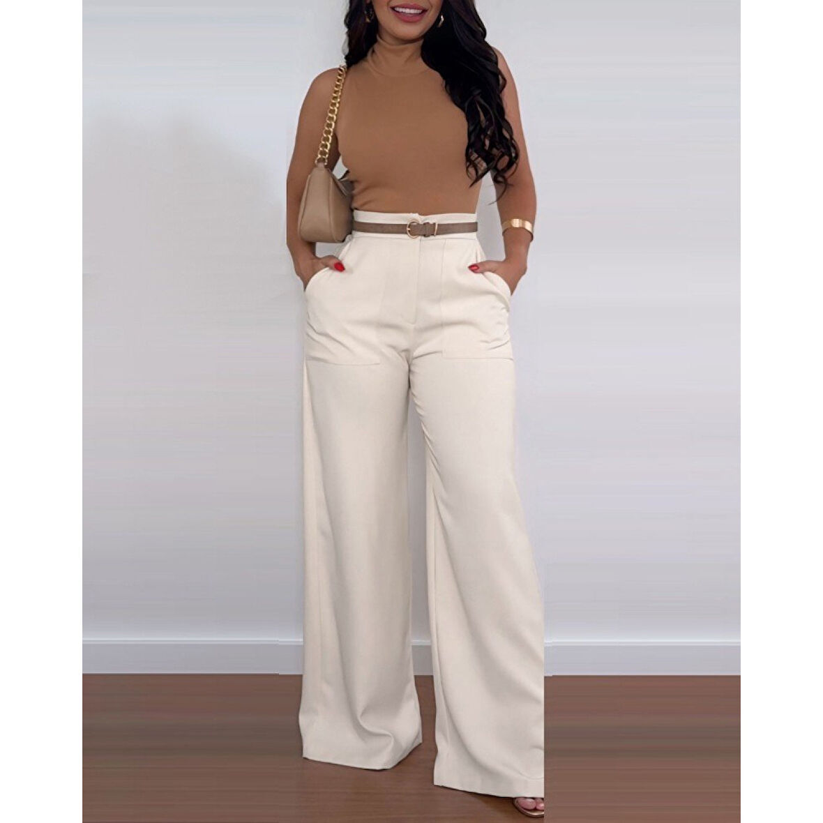 Lucky Life Kadın Yüksek Bel Geniş Paça Detaylı Cepli Ithal Krep Pantolon