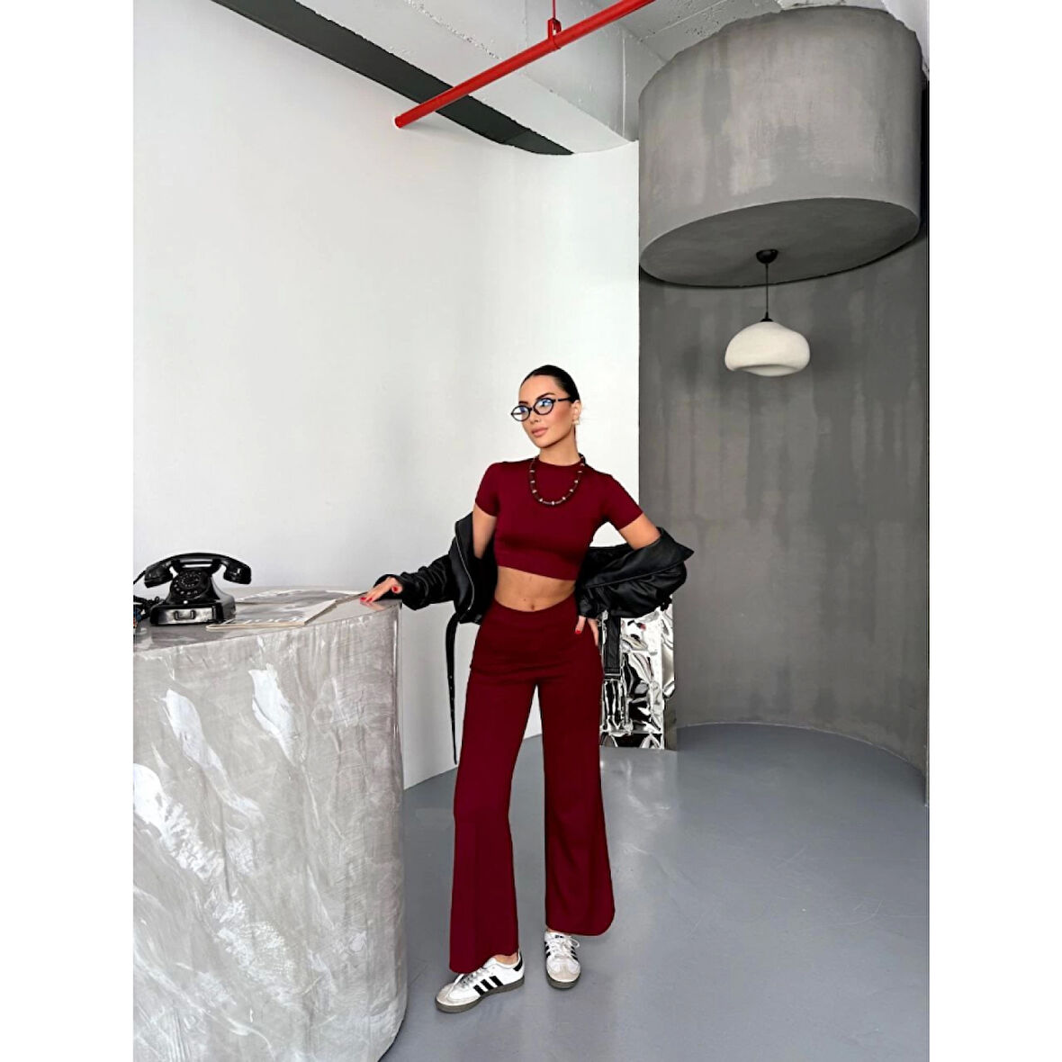 Osy Modal Yumuşak Dokulu Kumaş Kısa Kollu Lucky Life Kadın Crop Alt Ispanyol Paça Pantalon Ikili Takım - Bordo