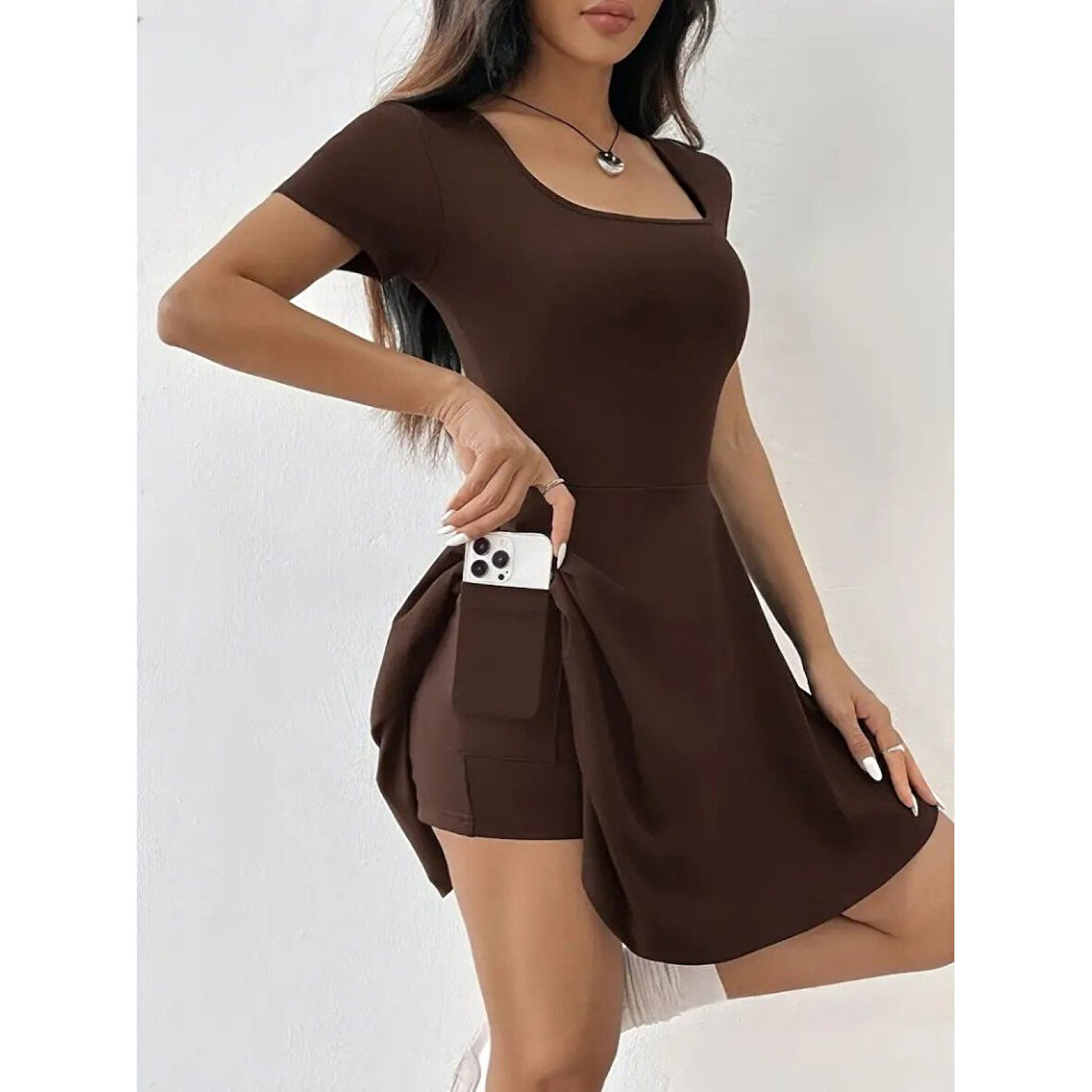 Lucky Life Kadın Kısa Kollu Kare Yaka Short Detaylı Cepli Dalgıç Elbise