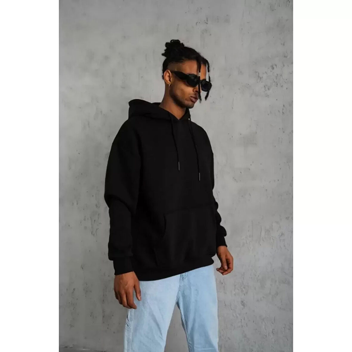 Erkek Düz Kapüşonlu Sweat - Siyah