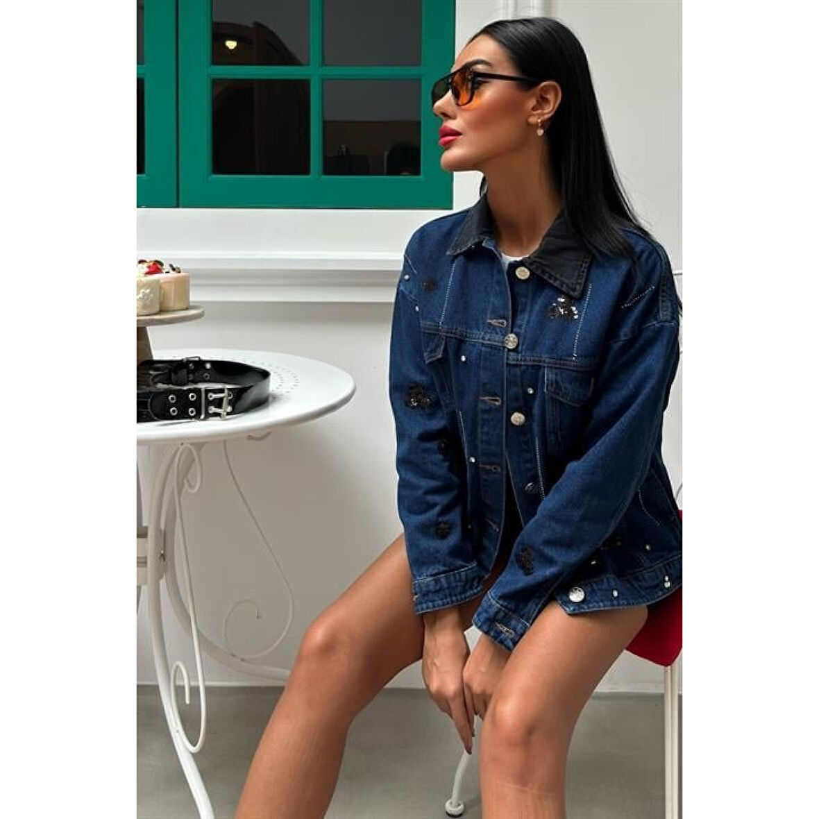Lucky Life Kadın Yaka Siyah Garni Pul Payet Taşlı Oversize Denim Ceket