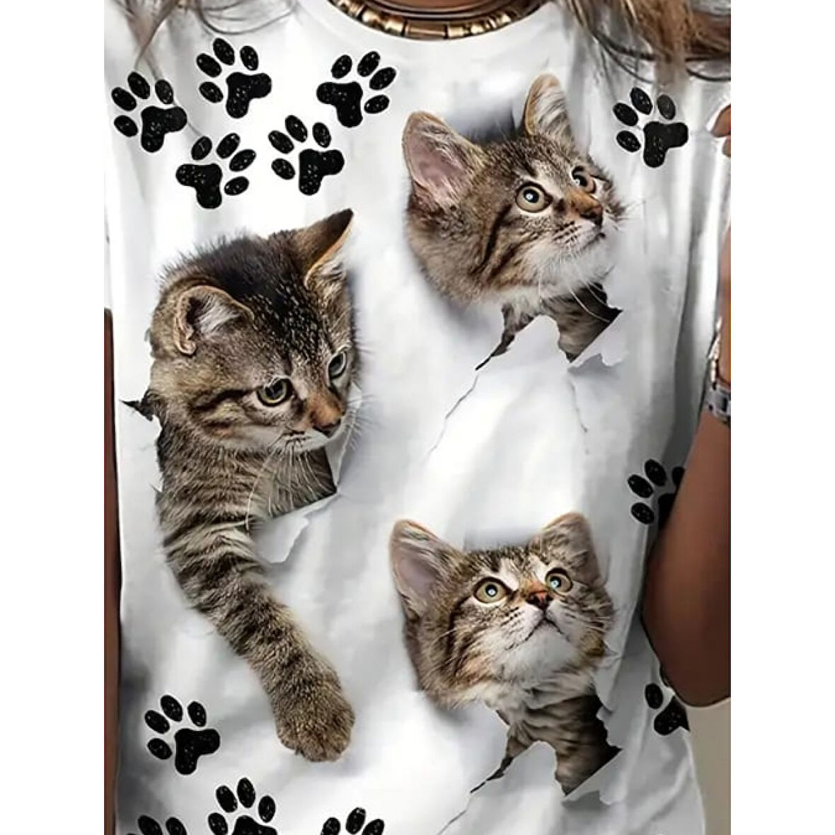 Lucky Life Kadın Kısa Kollu Kedi Ve Pati Baskılı Süprem T-shirt