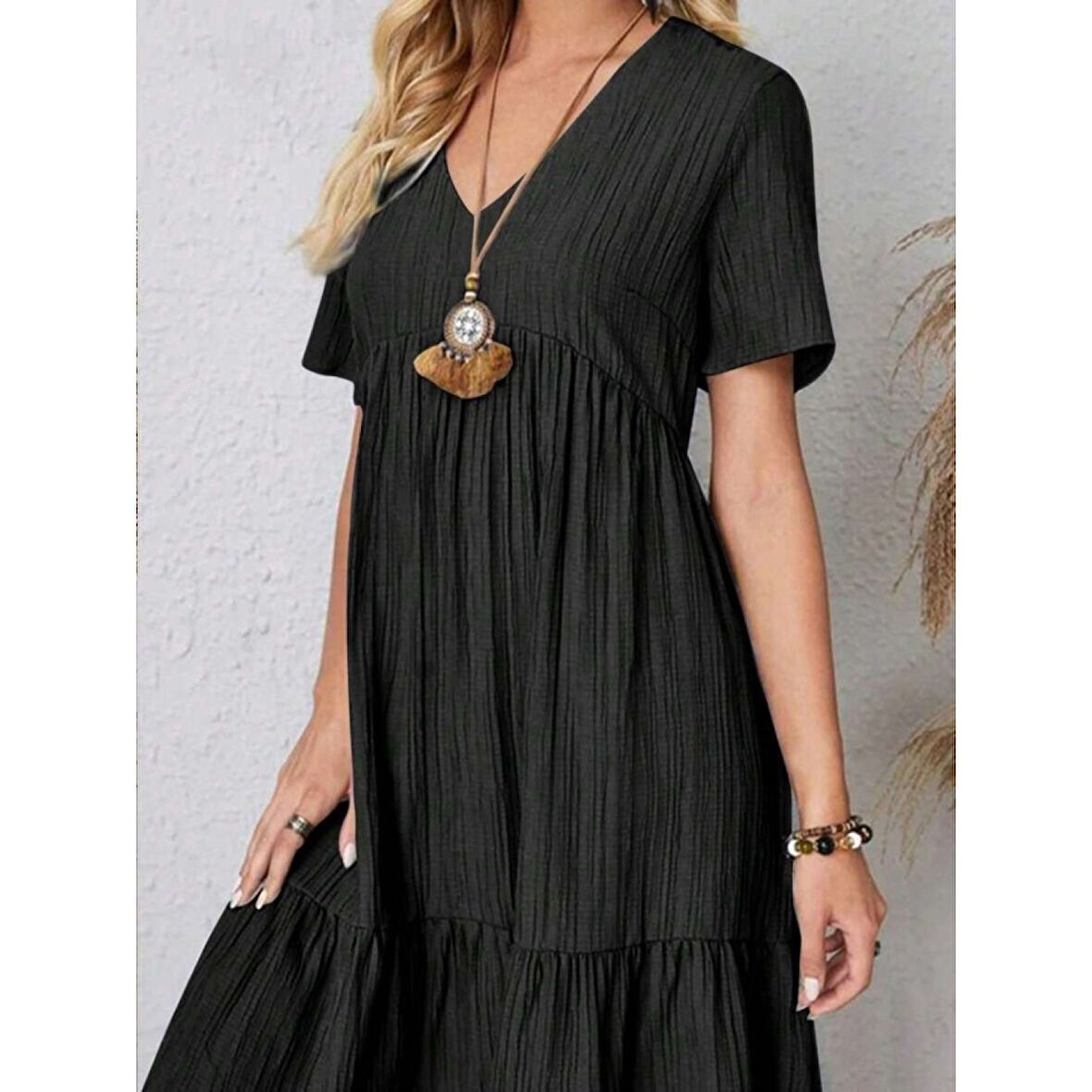 Lucky Life Kadın Kısa Kollu V Yakalı Fırfırlı Bürümcük Elbise