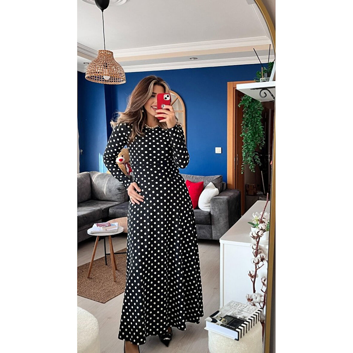 Lucky Life Kadın Krep Kumaş Uzun Kollu Tam Boy Puantiyeli Elbise 132 Cm