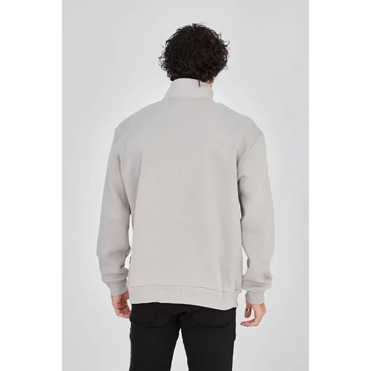 Erkek Yarım Fermuarlı Baskılı Sweat - Boyalı Gri