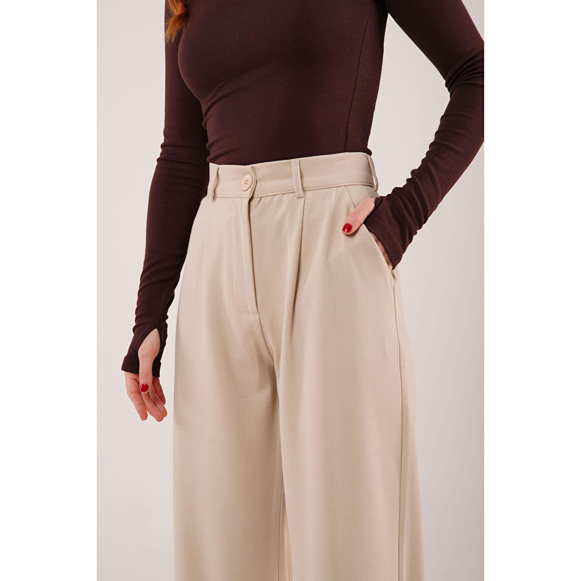 Lucky Life Kadın Premium Model Oturtmalı Krem Pantolon
