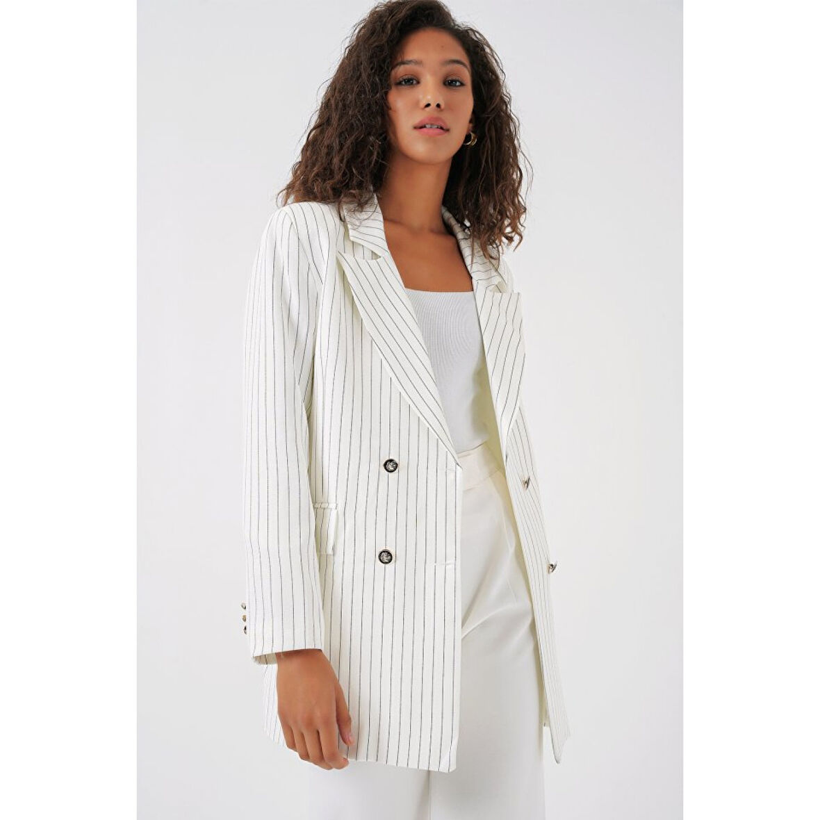 Lucky Life Beyaz Çift Düğmeli Çizgili Blazer Ceket 0699
