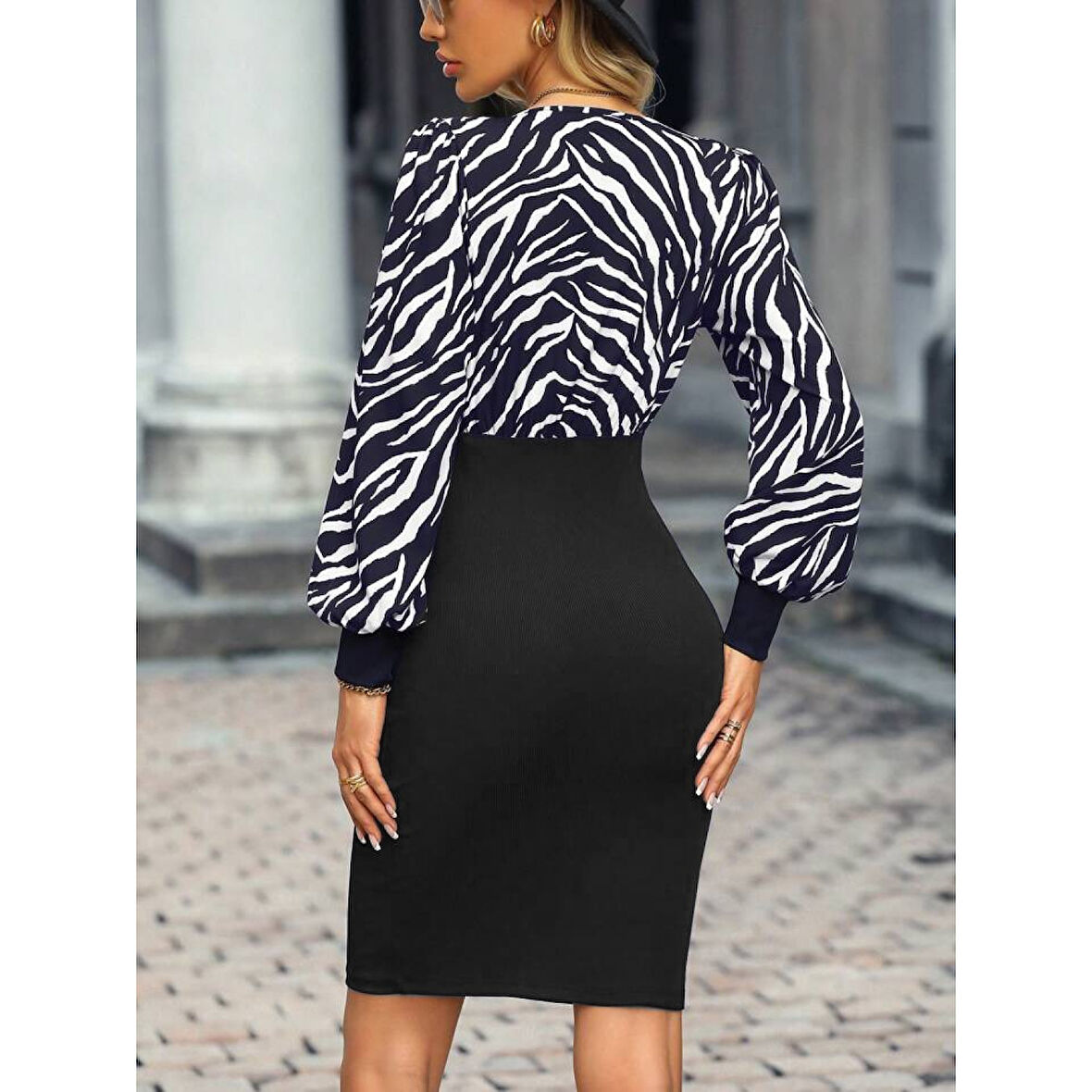 Lucky Life Kadın Uzun Kollu Kruvaze Yakalı Zebra Desenli Kısa Krep Elbise