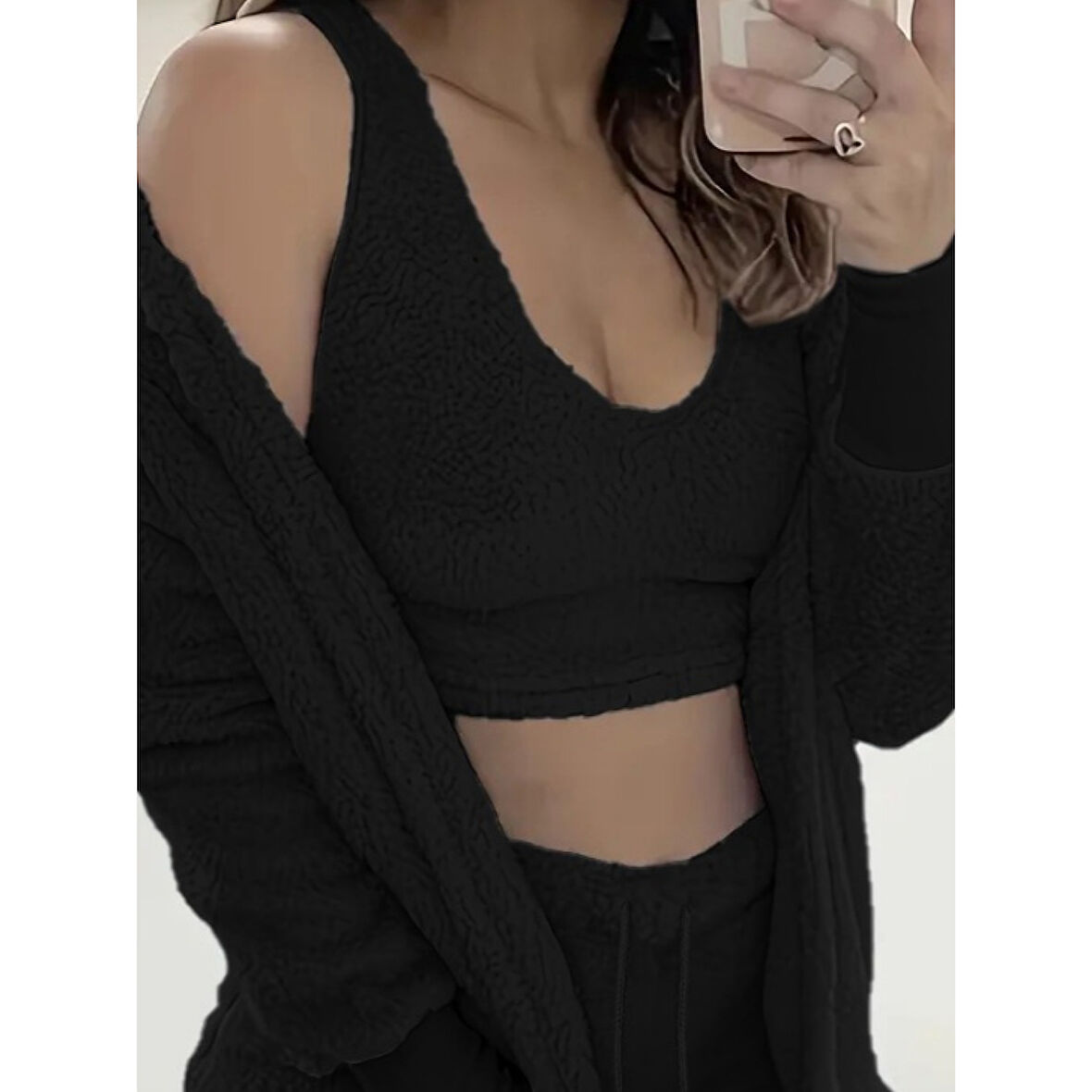 Lucky Life Kadın Uzun Kollu Ceket, Askılı Peluş Bluz Ve şort üçlü Takım