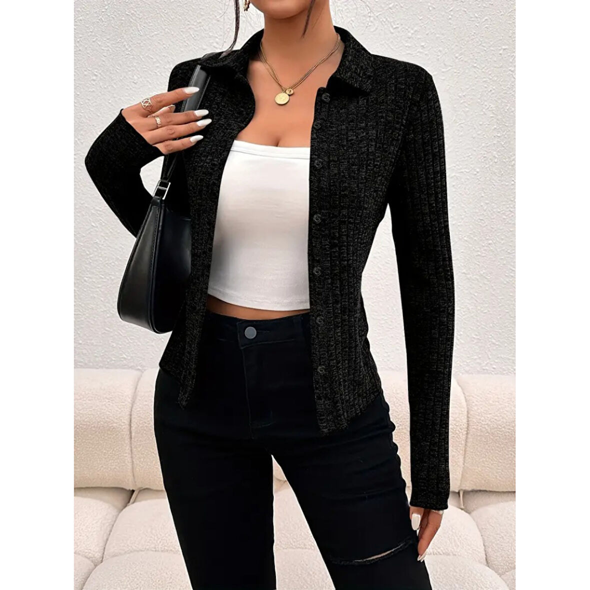 Lucky Life Kadın Uzun Kollu Yakalı önden Düğmeli Kısa Ceket