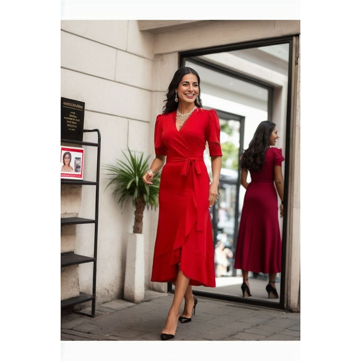 Lucky Life Kadın Kadın Kruvaze Yaka Midi Boy Kuşaklı Krep Elbise 120 Cm