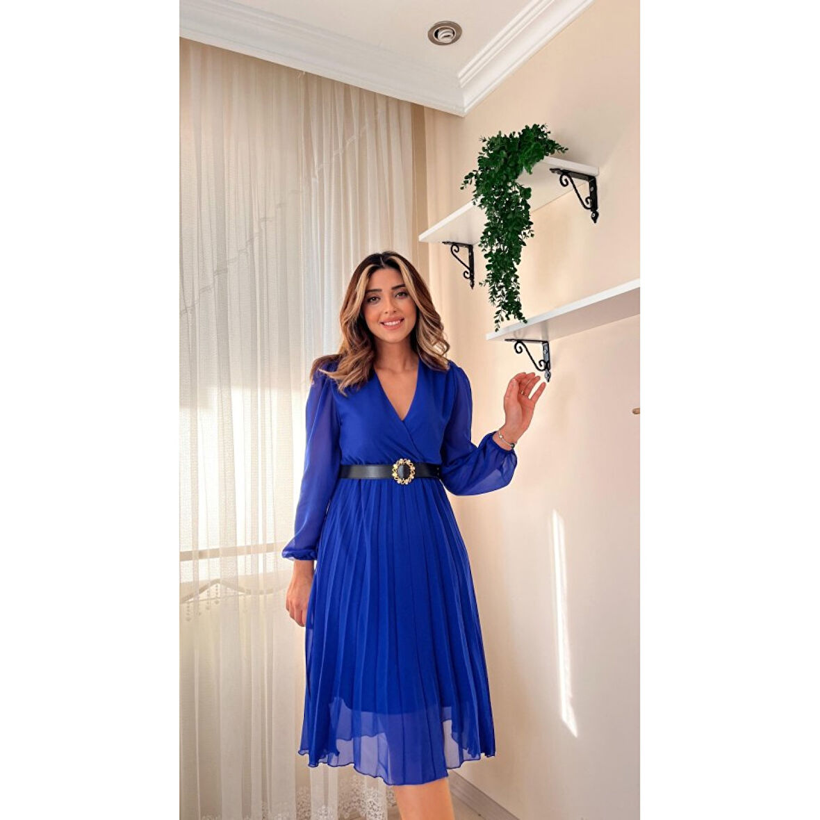 Lucky Life Kadın şifon Kumaş Astalı Kloş Kesim Kruvaze Yaka Midi Boy Elbise