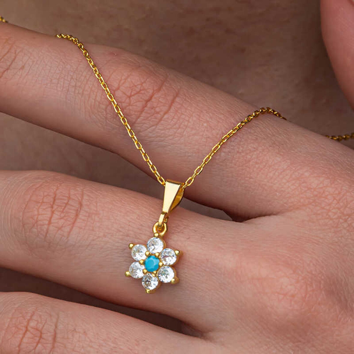 Lucky Life Kadın Gümüş Mavi Taşlı Gold Çiçek Kadın Kolye