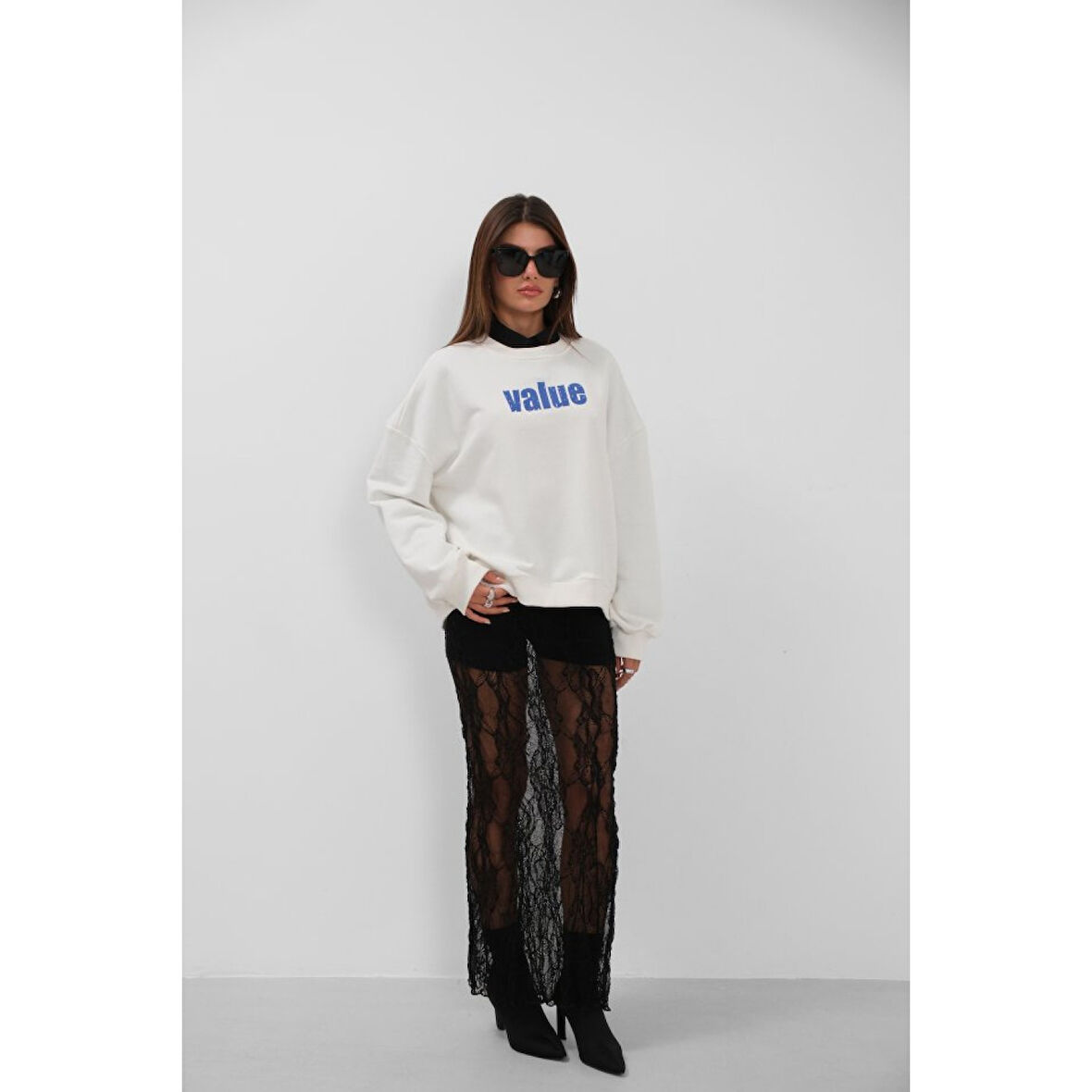 Baskılı Sıfır Yaka Oversize Sweatshirt