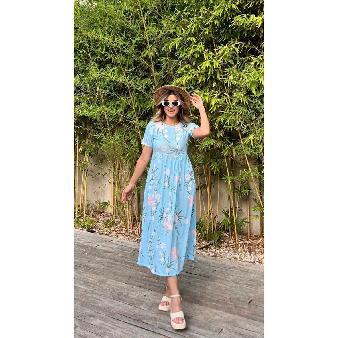 Lucky Life Kadın Kısa Kollu çiçek Baskı Midi Boy Süprem Elbise