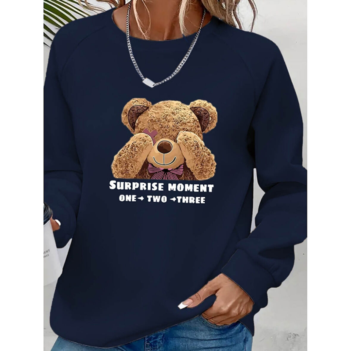 Lucky Life Kadın Uzun Kollu Bisiklet Yaka Ayıcık Desenli Viskon Iki Iplik Bluz