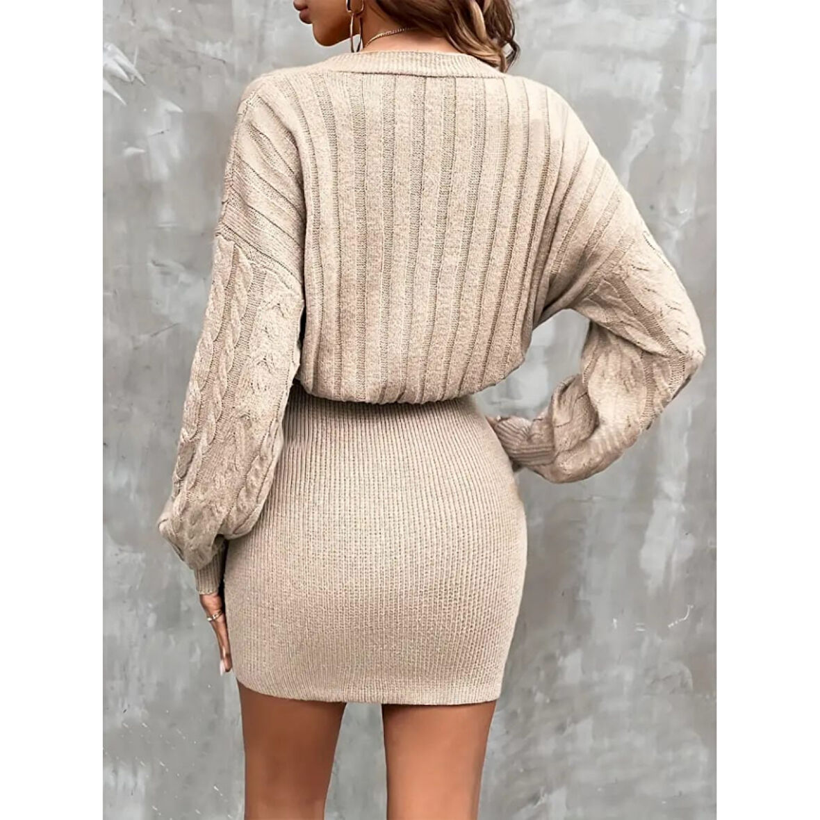 Lucky Life Kadın Uzun Kollu V Yakalı önden Düğmeli Kısa Triko Elbise