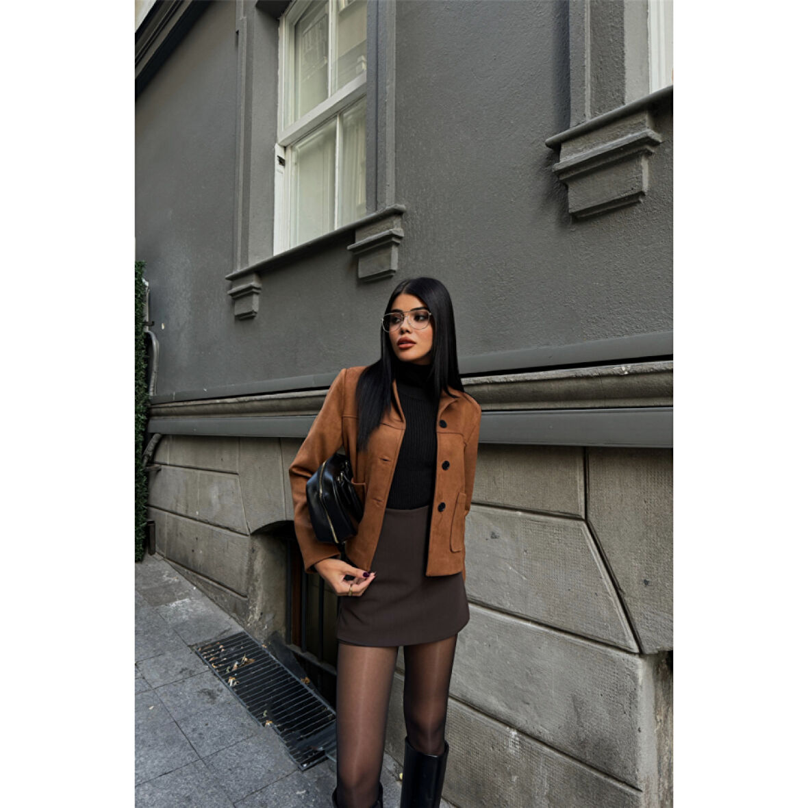 SÜET CROP CEKET CEP DETAYLI - Taba