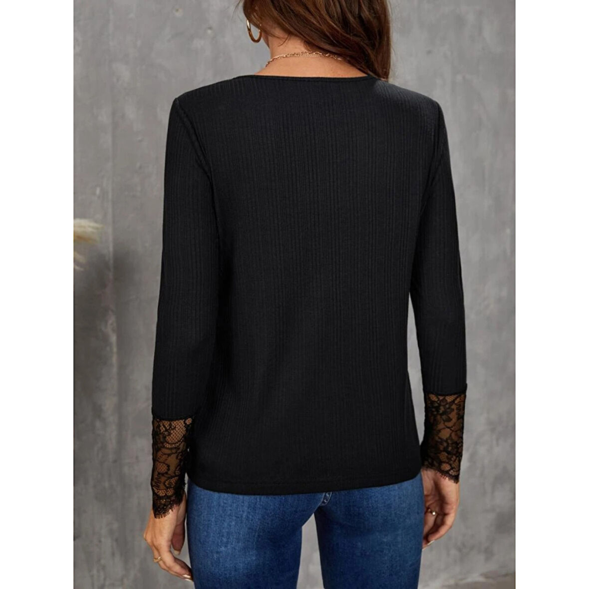 Lucky Life Kadın Uzun Kollu Bisiklet Yaka Dantel Detaylı Burgu Bluz
