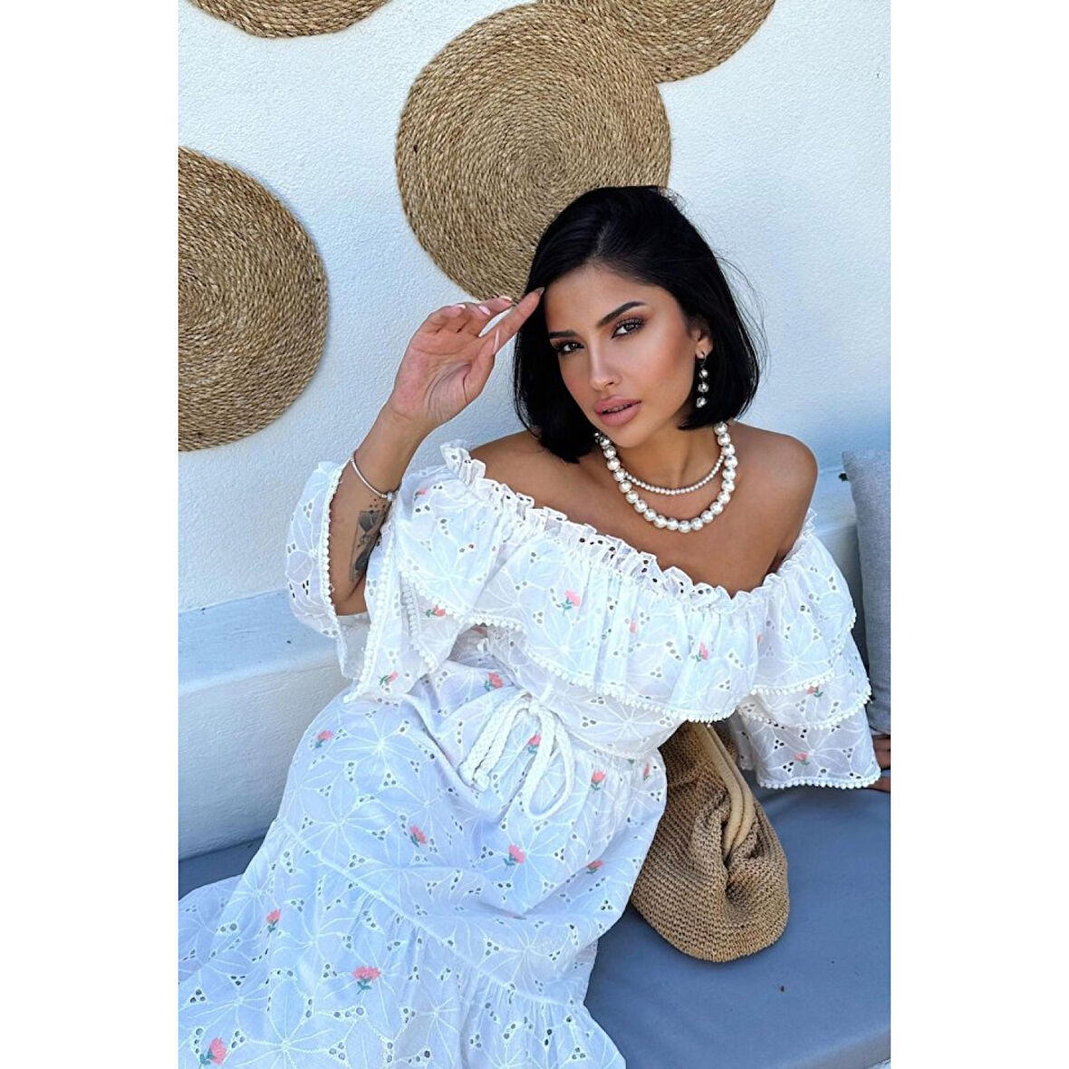 Lucky Life Kadın Pembe Omuzları Lastikli Brode Elbise