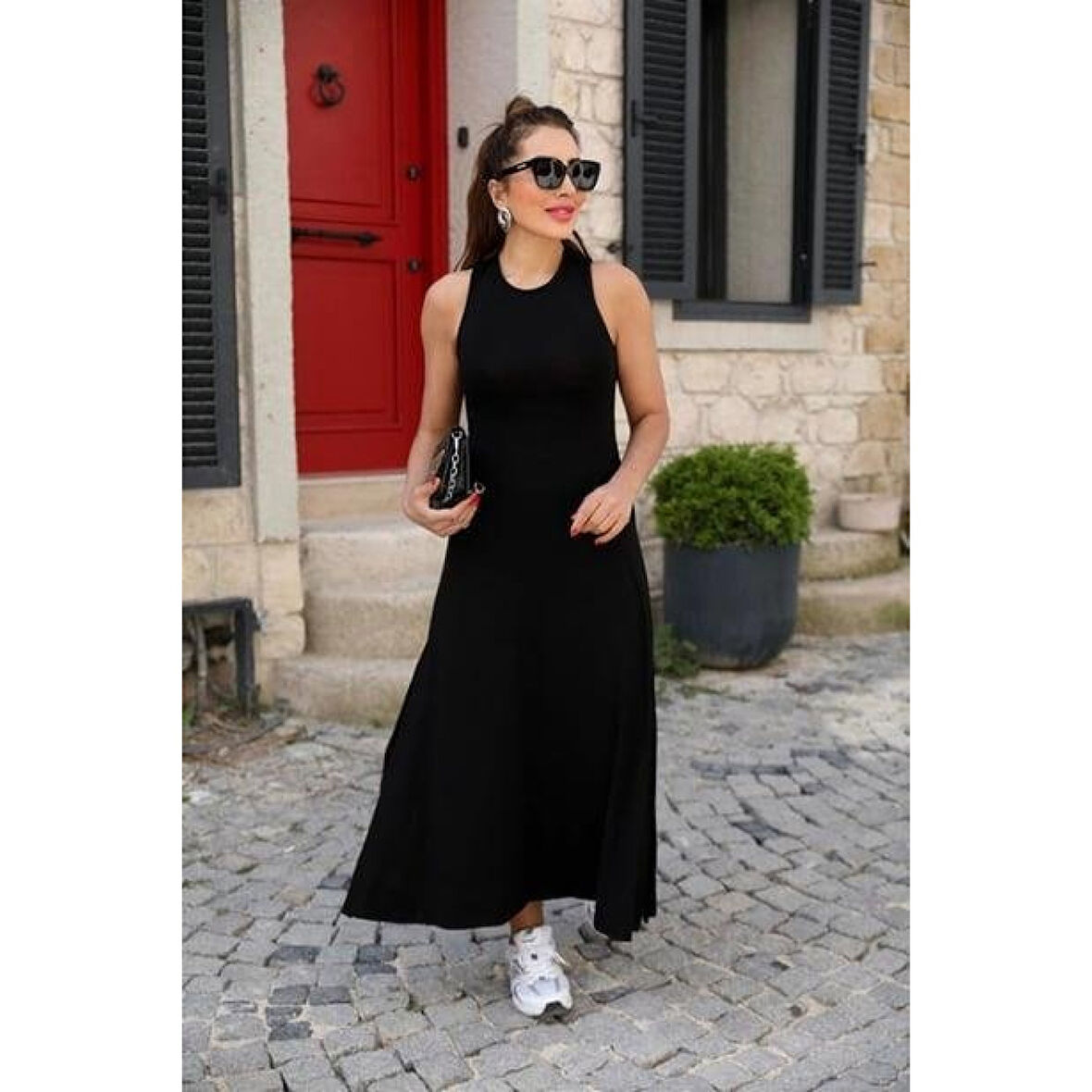 Lucky Life Kadın Arkadan çapraz Detay Yuvarlak Yaka Maksi Viskon Elbise