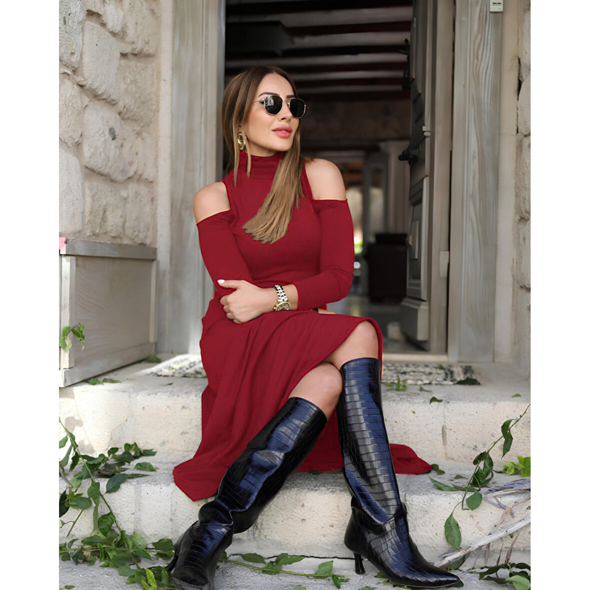 Lucky Life Kadın Balıkçı Yaka Omuzlardan Açık Uzun Kollu Janjan Krep Elbise