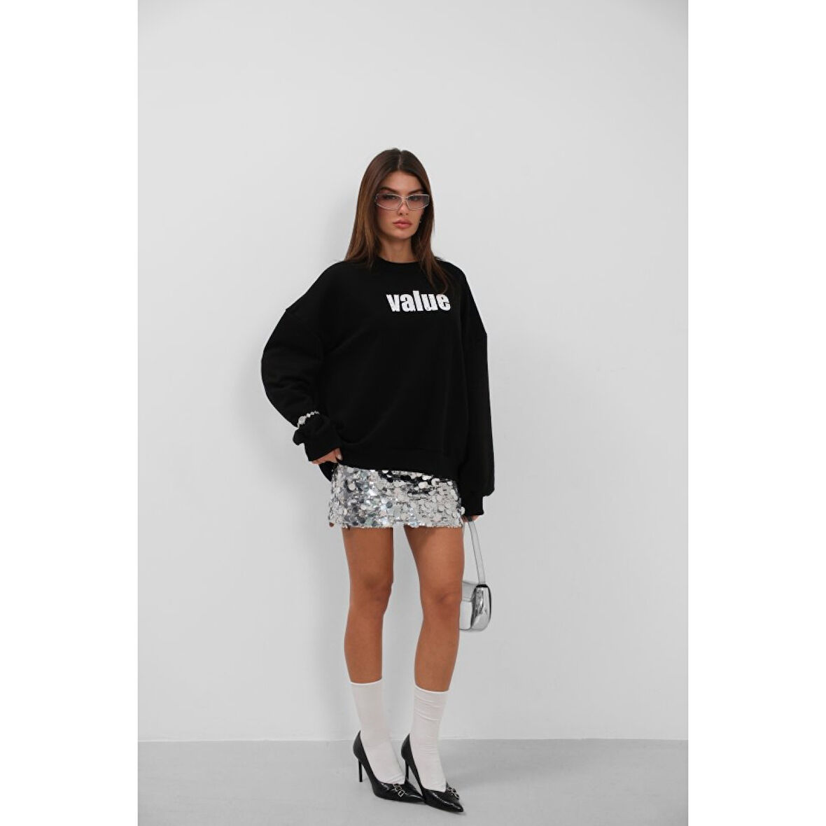 Baskılı Sıfır Yaka Oversize Sweatshirt