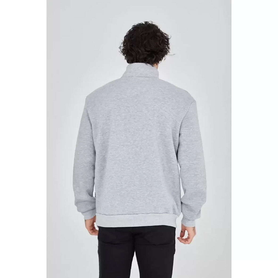 Erkek Yarım Fermuarlı Baskılı Sweat - Gri