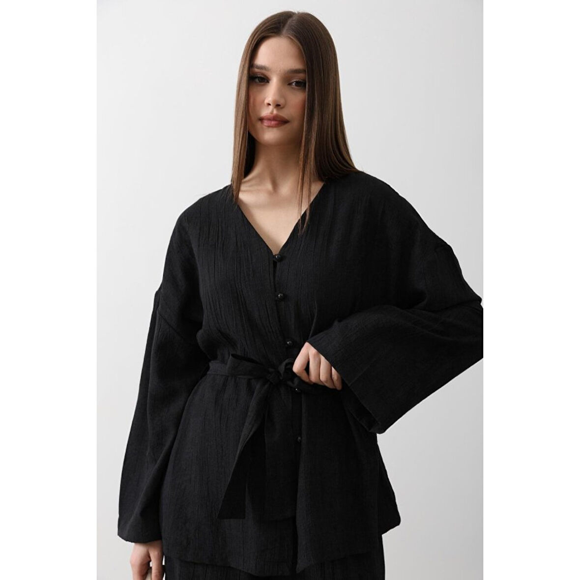 Lucky Life Kadın Beli Lucky Life Kadın Bağlamalı Tunik Ve Lucky Life Kadın Beli Lucky Life Kadın Bağlamalı Pantolon Takım - Siyah