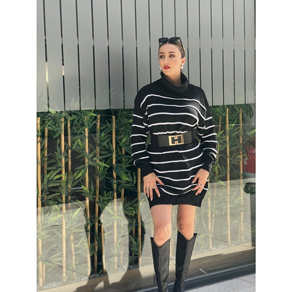 Lucky Life Kadın Uzun Kollu Degaje Yaka çizgili Sonya Iplik Mini Boy Triko Elbise (kemersiz)