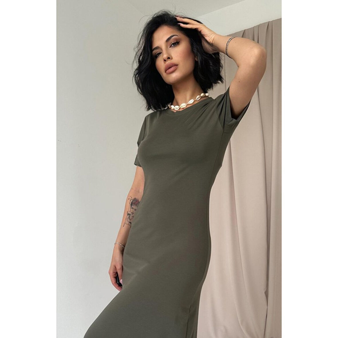 Lucky Life Kadın Haki Basic Elbise