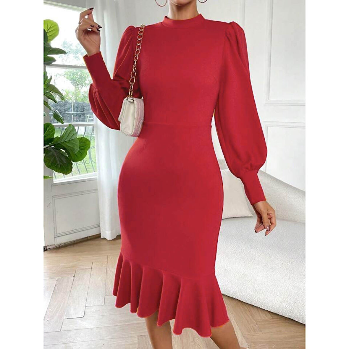 Lucky Life Kadın Uzun Kollu Yarı Balıkçı Yaka Etek Ucu Fırfır Detaylı Midi Ithal Krep Elbise