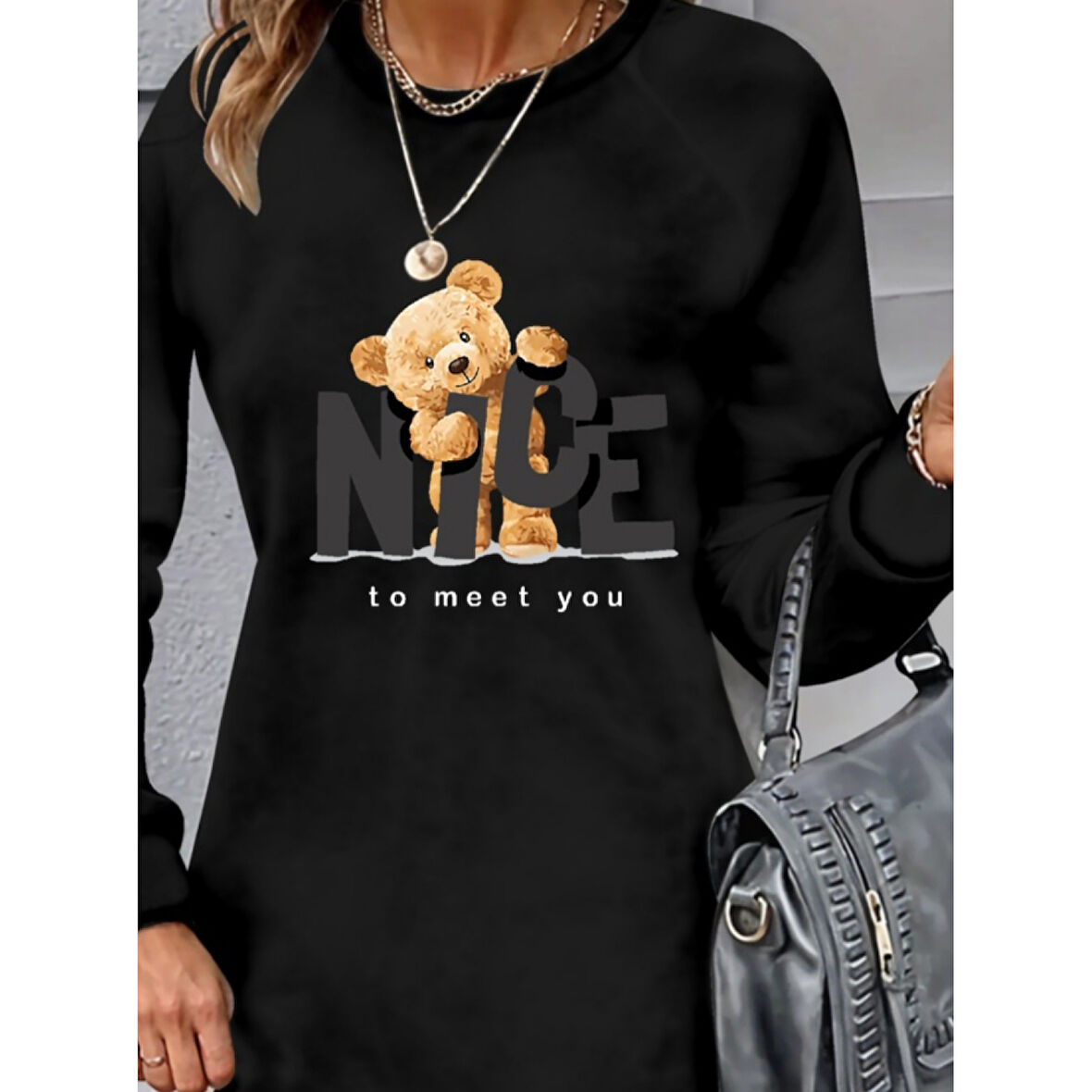 Lucky Life Kadın Uzun Kollu Bisiklet Yaka Ayı Desenli Viskon Iki Iplik Elbise