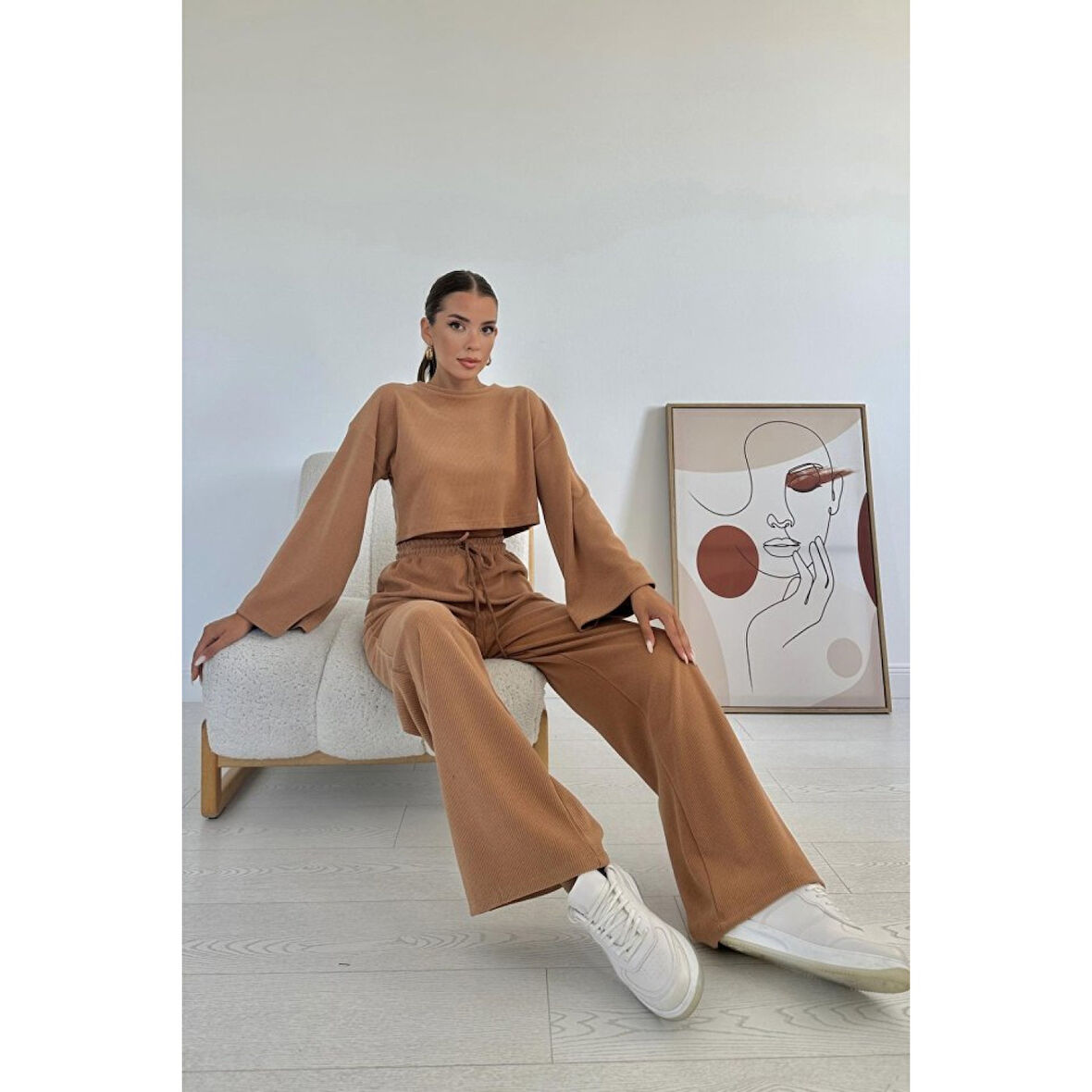 Camel Fitilli Bluz Ve Pantolon Takım