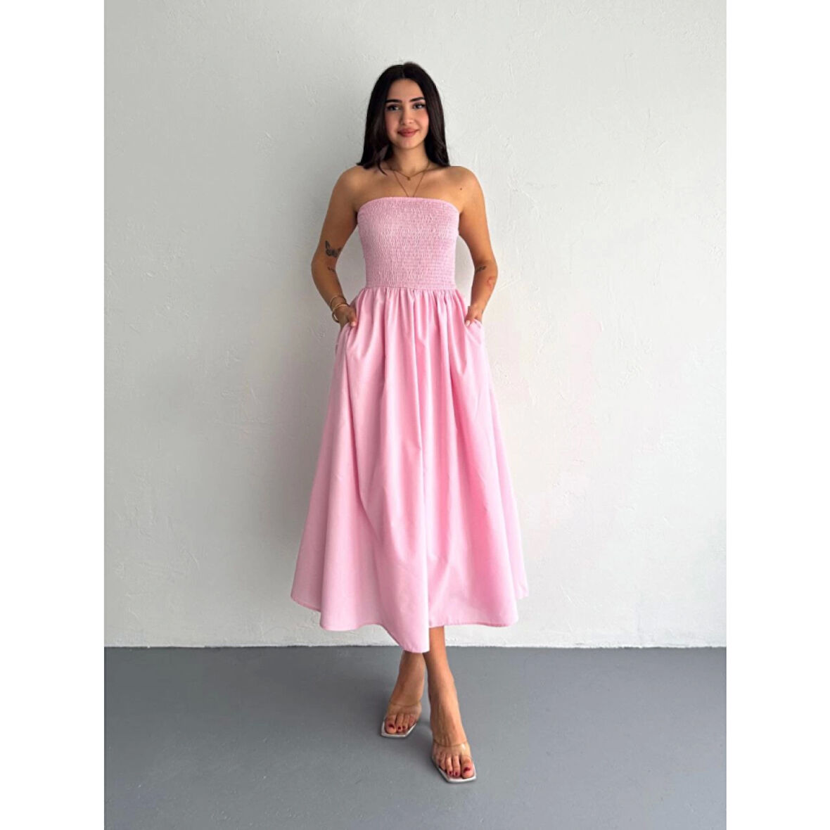 Lucky Life Kadın Straplez Pileli Elbise - Pembe