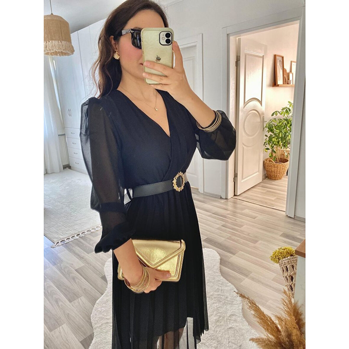 Lucky Life Kadın şifon Kumaş Astalı Kloş Kesim Kruvaze Yaka Midi Boy Elbise